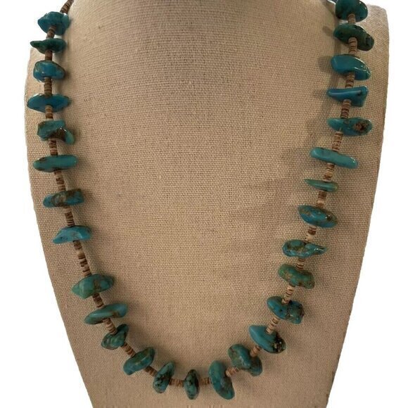 Vintage Native American Turquoise Graduated Heishi Shell Necklace Flat Nuggets - Picture 1 of 16